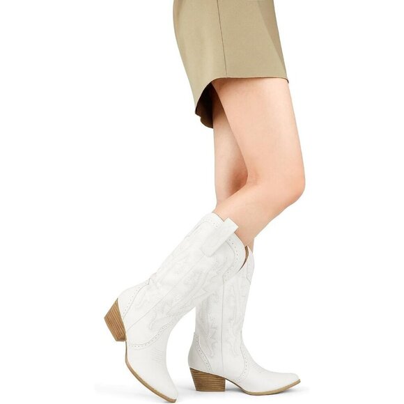 Women White Mid-calf Pointy Toe Embroidered Western Cowgirl Boots Chunky Heels - Picture 5 of 8